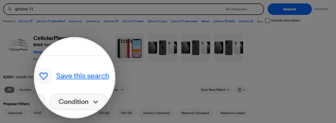 Save this search button on eBay search results