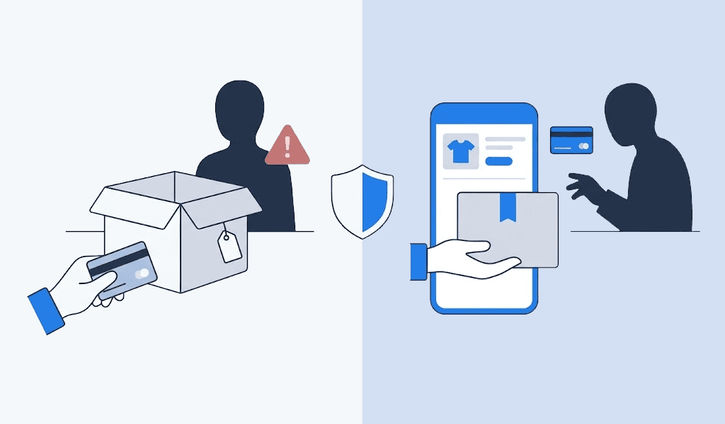 Two sides of a Facebook Marketplace scam — a buyer paying by card for an empty box, and a seller handing over an item through a phone