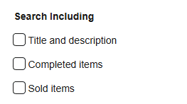 The Search Including section with checkboxes for Title and description, Completed items and Sold items