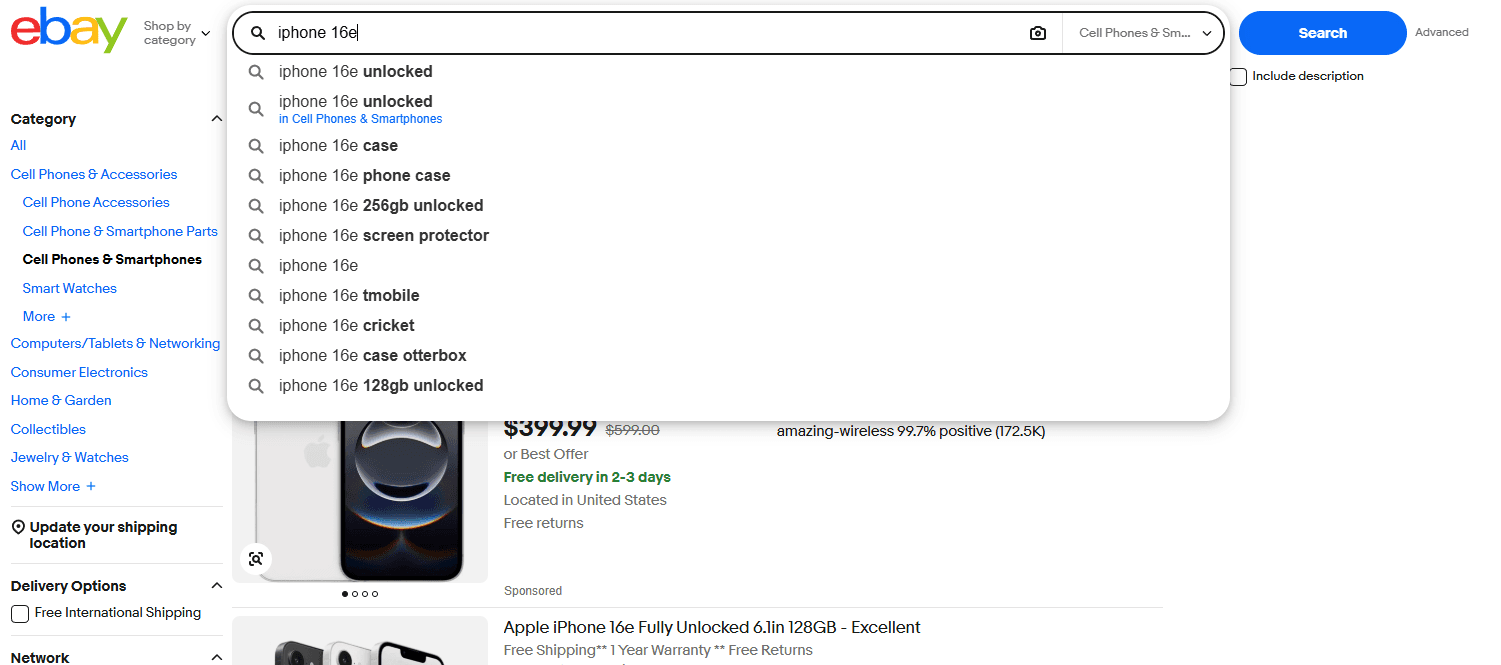 Typing iphone 16e into the eBay search bar, with search suggestions and the Cell Phones & Smartphones category selected