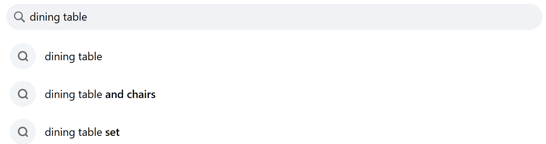 The Marketplace search box suggesting “dining table”, “dining table and chairs”, and “dining table set”