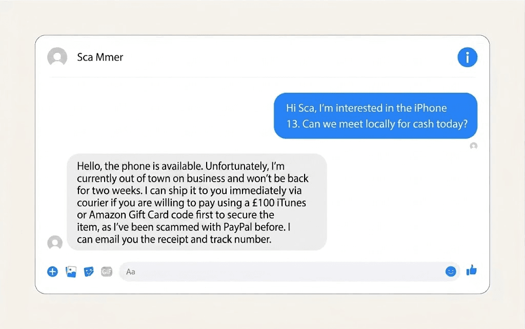 A Messenger conversation where a seller claims to be out of town and asks for payment in iTunes or Amazon gift card codes before shipping