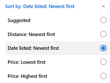The Marketplace sort menu with “Date listed: Newest first” selected