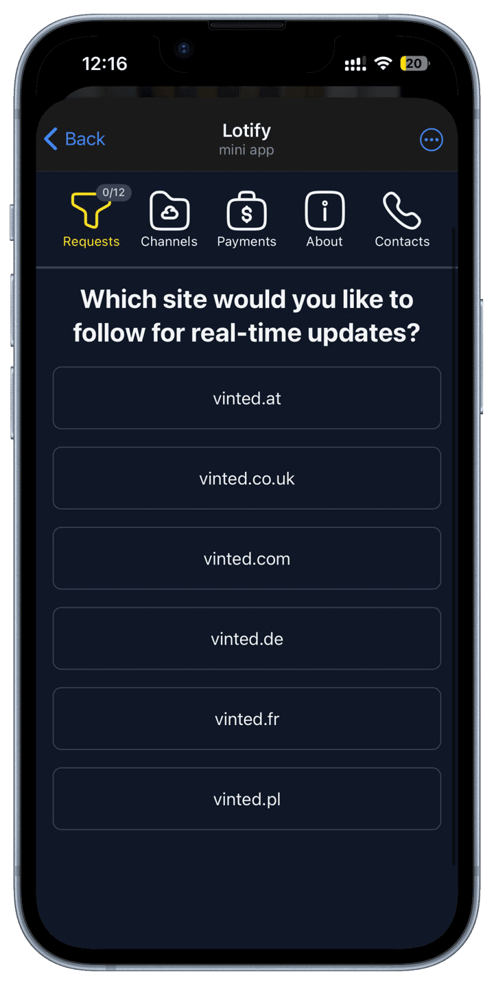 Lotify asking which Vinted site to follow: vinted.at, vinted.co.uk, vinted.com, vinted.de, vinted.fr, vinted.pl