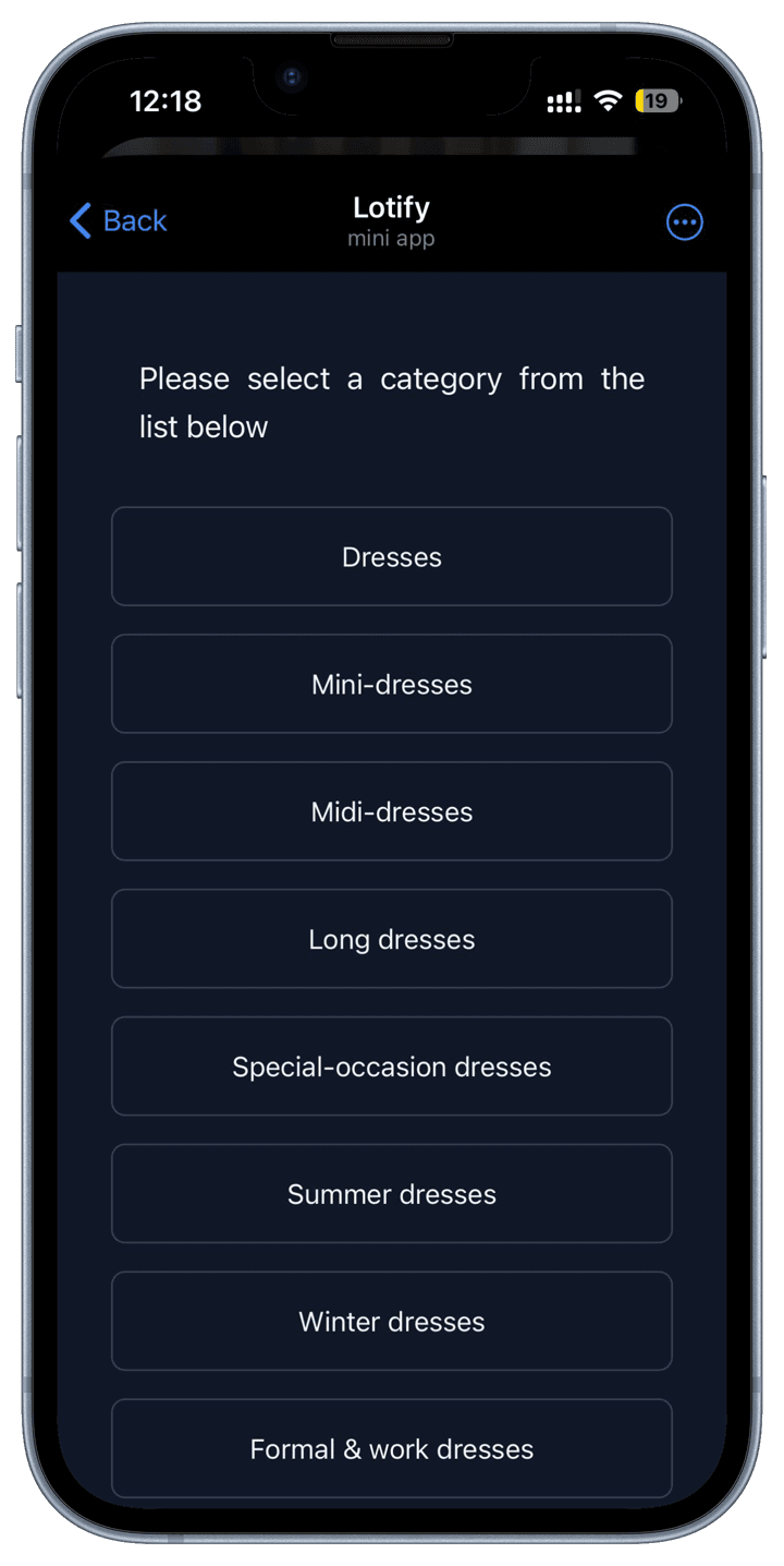 Lotify category picker listing Vinted dress categories