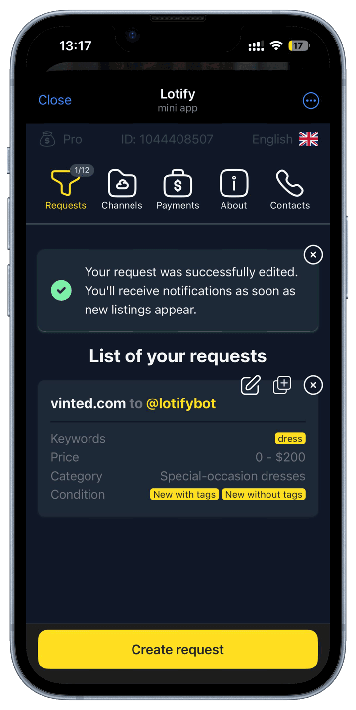 Saved Lotify request for vinted.com with keyword, price, category and condition filters