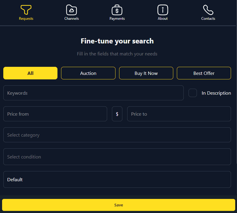 Lotify's Telegram bot interface for fine-tuning eBay search