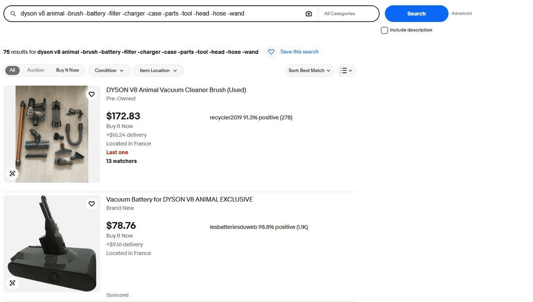 eBay search with ten exclusions showing 75 results, still led by a brush listing and a battery listing