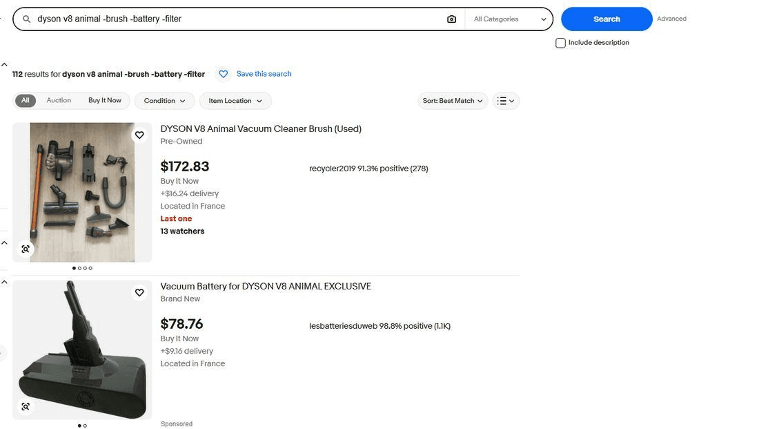 eBay search for dyson v8 animal -brush -battery -filter showing 112 results, with the brush listing first and a battery listing second