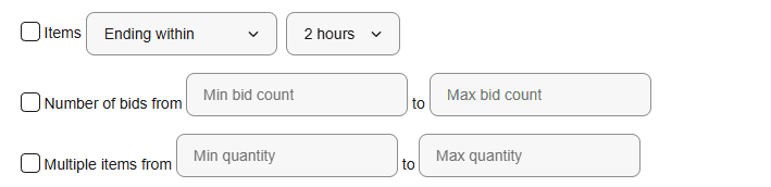 The Items Ending within dropdown set to 2 hours, with Number of bids and Multiple items range fields below