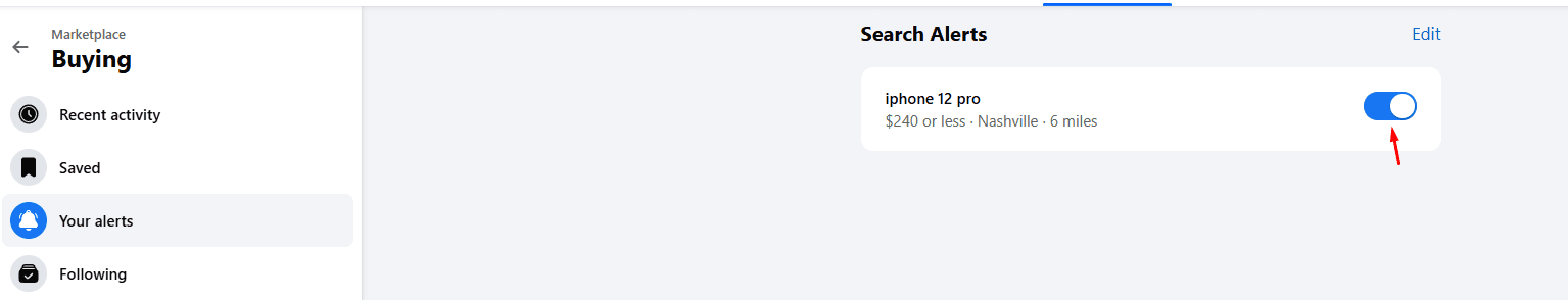 The Marketplace Buying menu open on Your alerts, showing a saved search with its filters and an on/off toggle