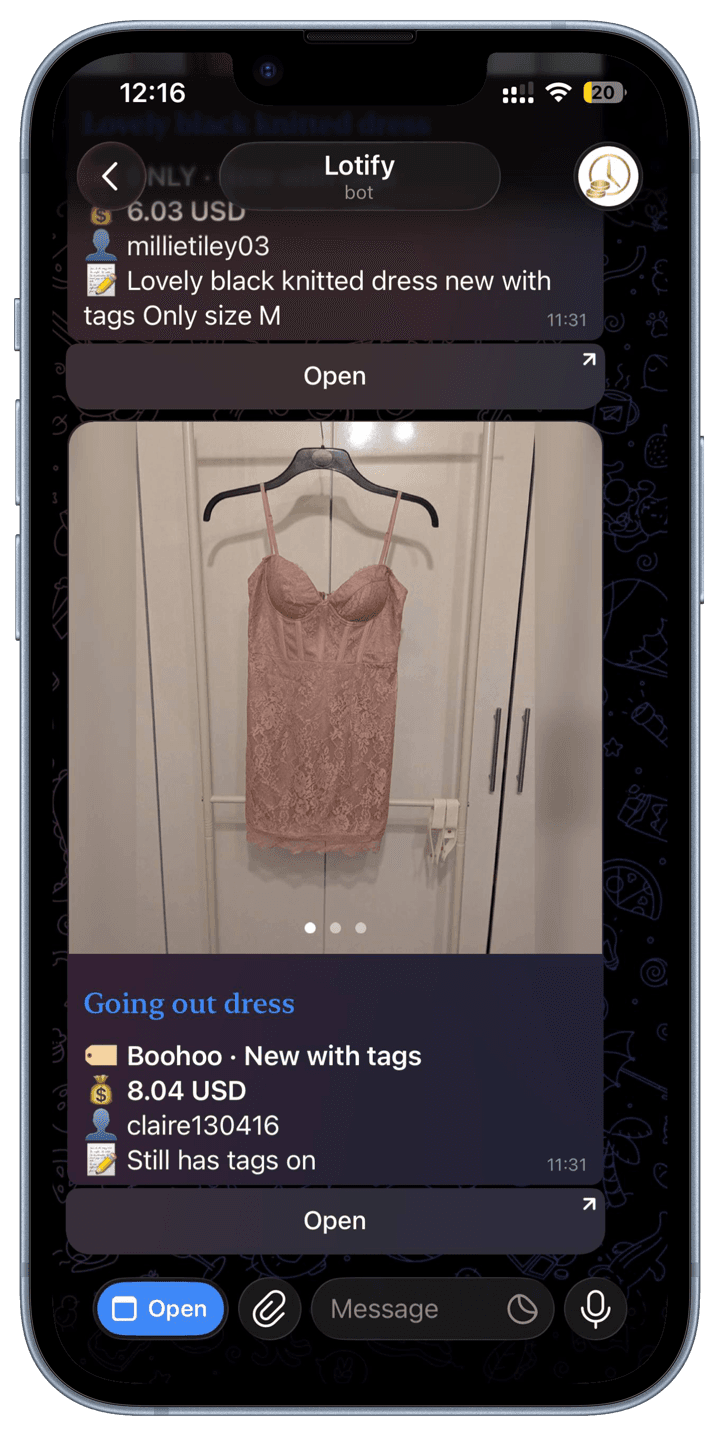 Lotify Vinted alert in Telegram showing item photos, brand, condition, price and an Open button