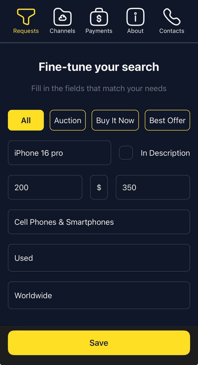 Lotify eBay alerts bot — configure keywords, price range, and filters in Telegram