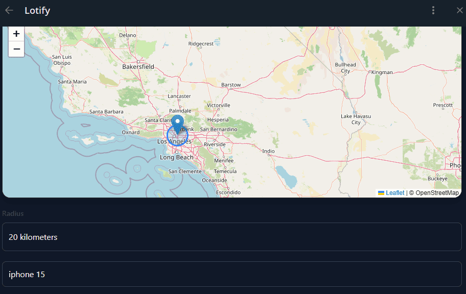 Setting up a Facebook Marketplace alert in Lotify — map with location, 20 kilometer radius, and an iPhone 15 search keyword
