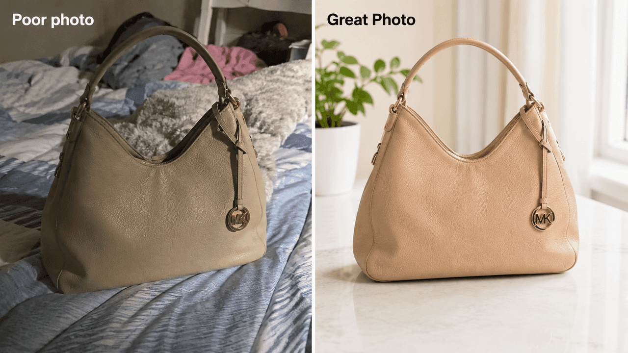 Side-by-side comparison of a poor, cluttered handbag photo and a clean, well-lit product photo