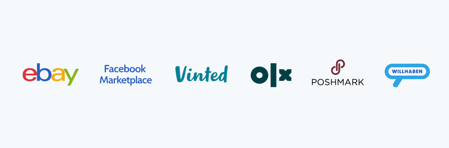Logos of the main reselling platforms in 2026 — eBay, Facebook Marketplace, Vinted, OLX, Poshmark and Willhaben