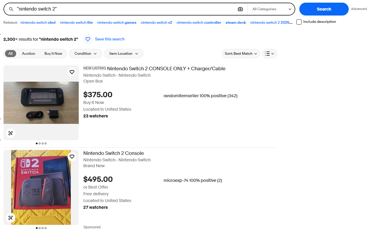 eBay search for the quoted phrase nintendo switch 2 in All Categories, returning 2,300+ results led by Nintendo Switch 2 consoles