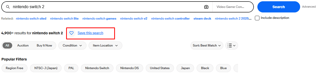 eBay search results for nintendo switch 2 with the Save this search link next to the result count highlighted in red