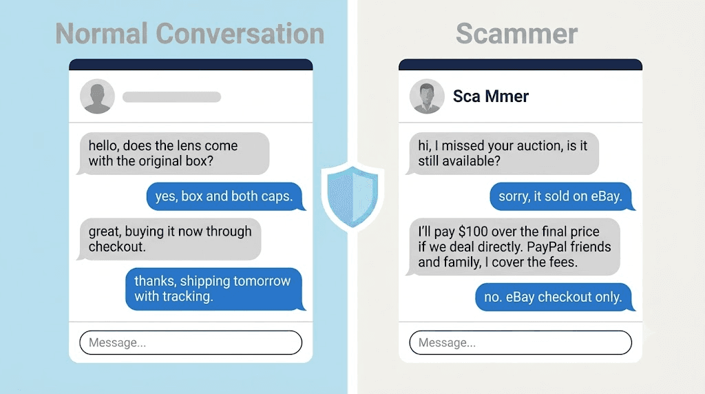 Side by side comparison of a normal eBay conversation ending in checkout and a scammer offering $100 over the price to deal directly by PayPal friends and family