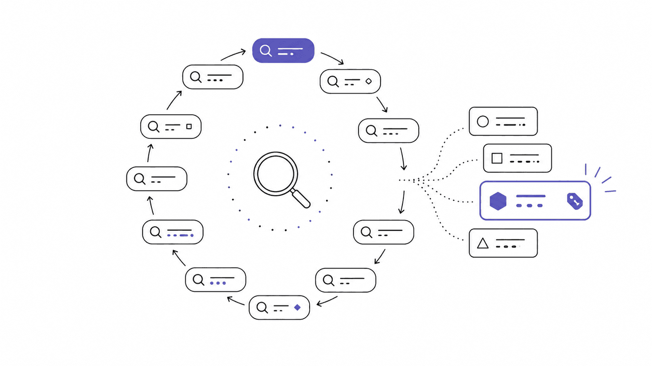 A rotation of varied Facebook Marketplace search terms feeding into matched listings