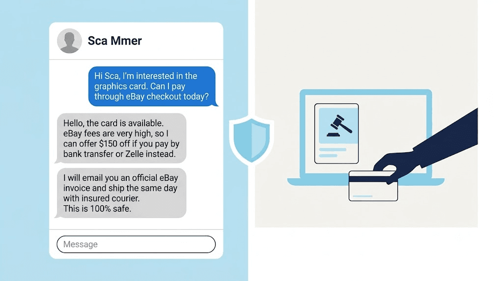 An eBay message where a seller offers $150 off for paying by bank transfer or Zelle instead of eBay checkout