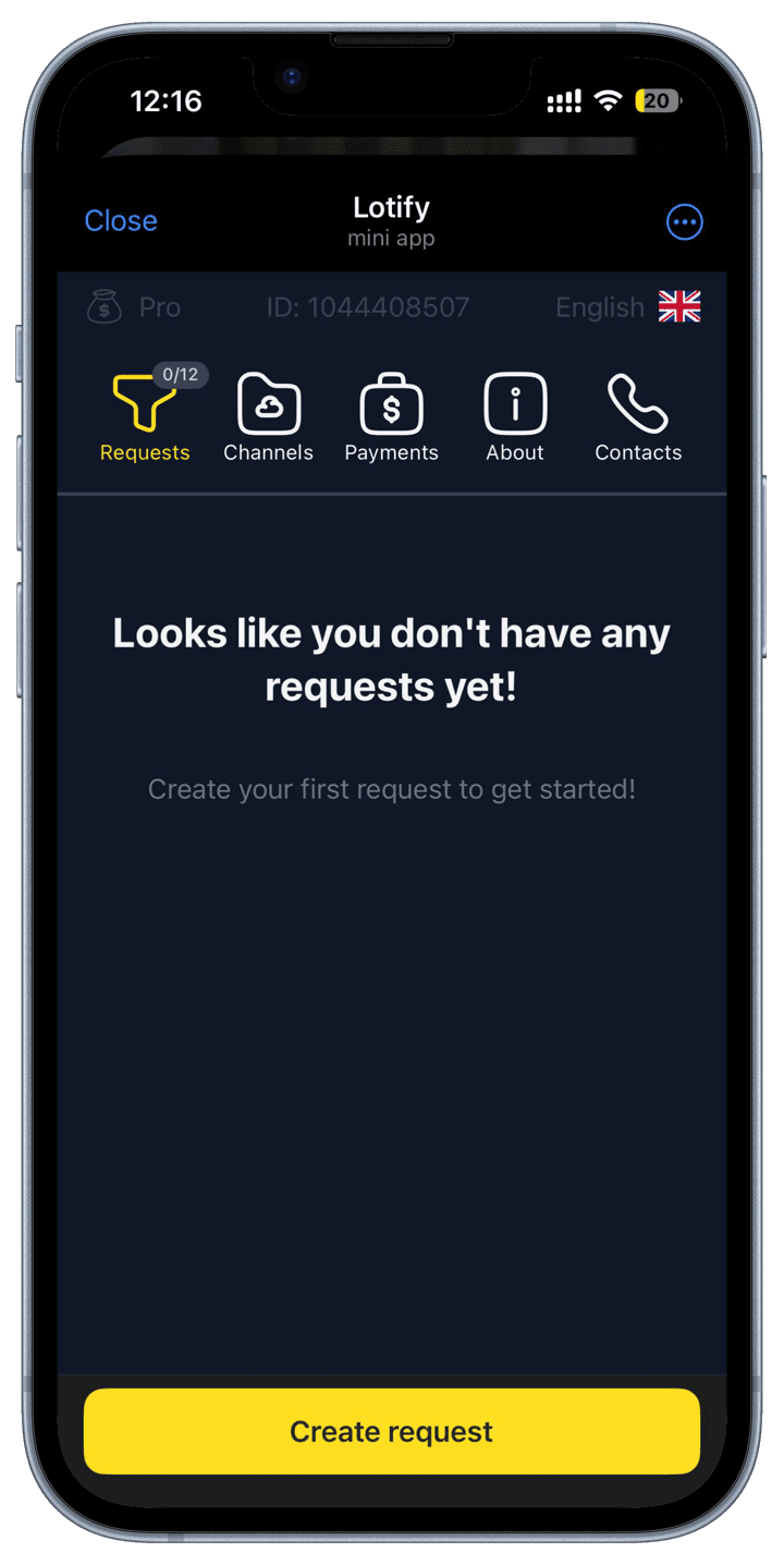 Lotify mini app in Telegram with the Create request button