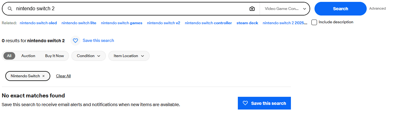 eBay search for nintendo switch 2 with a Nintendo Switch filter applied, showing 0 results and No exact matches found