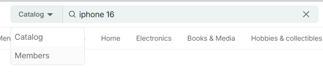 The Catalog dropdown next to the Vinted search box with the Catalog and Members options