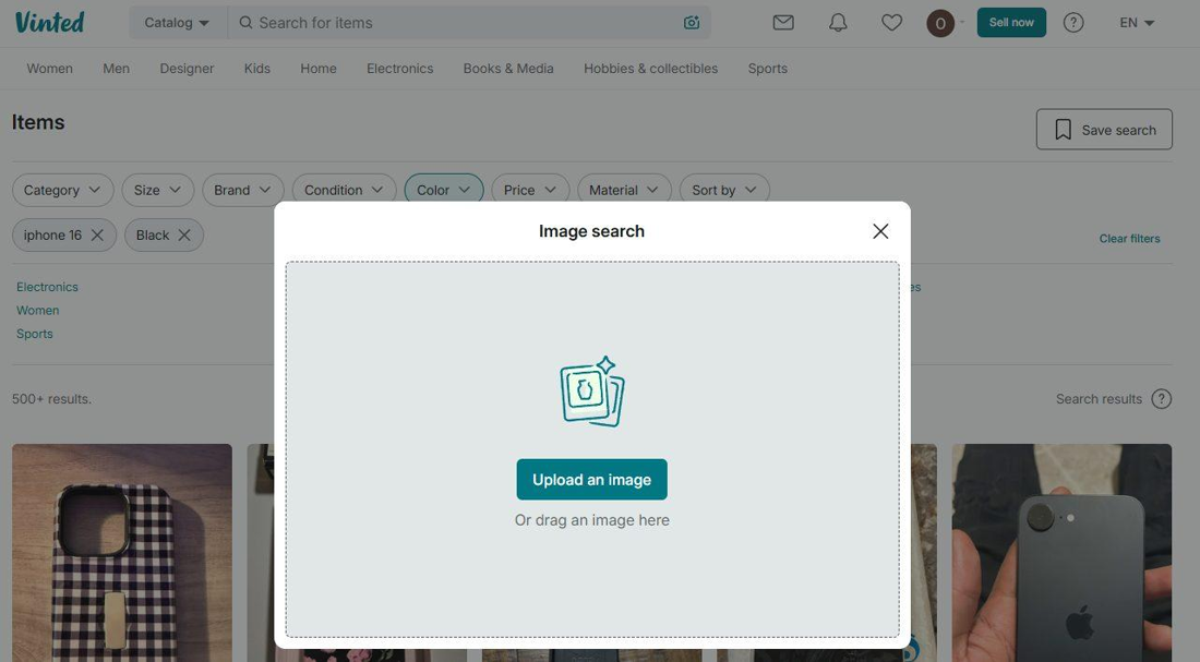 The Vinted image search window with an Upload an image button