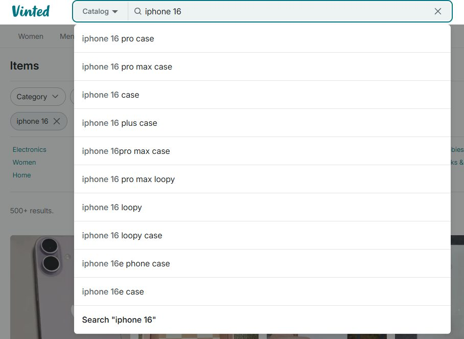 Vinted autocomplete for iphone 16, with nine of ten suggestions for cases and accessories
