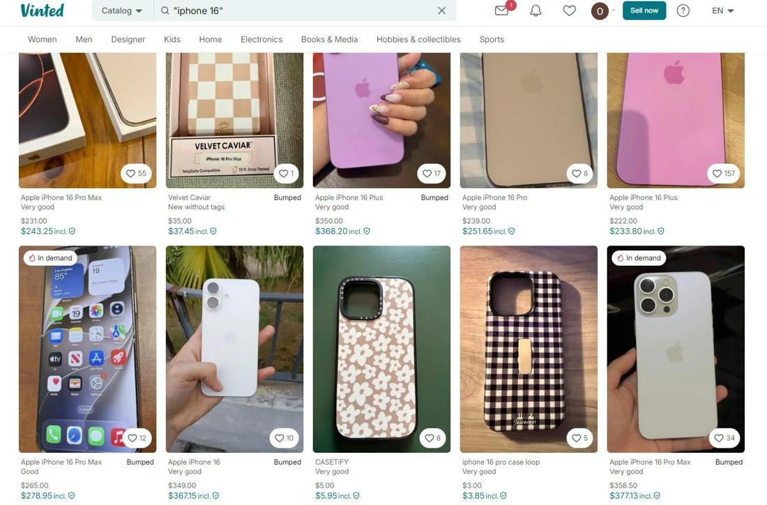 Vinted results for iphone 16 in quotation marks, identical to the plain query