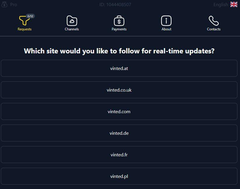 The Lotify bot in Telegram asking which Vinted site to follow