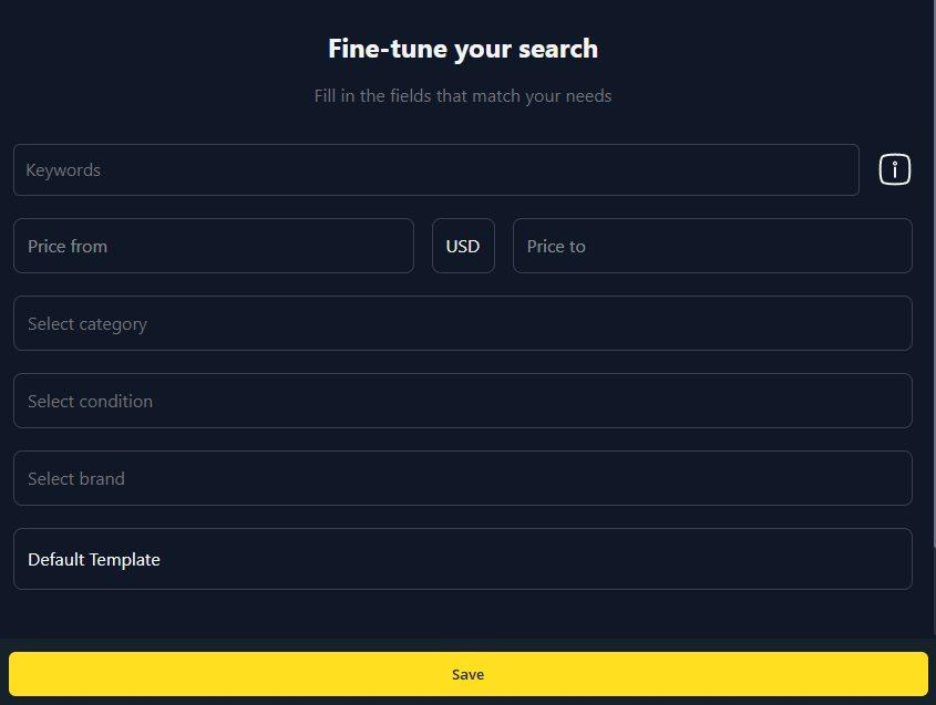 The Lotify search form with keywords, price range, category, condition and brand