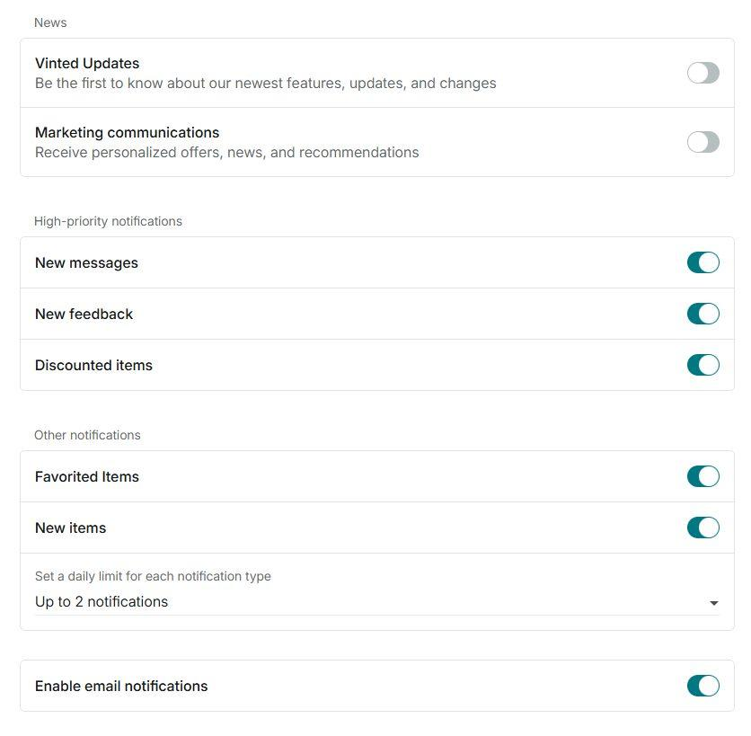 Vinted notification settings with the New items switch and a daily limit of two notifications