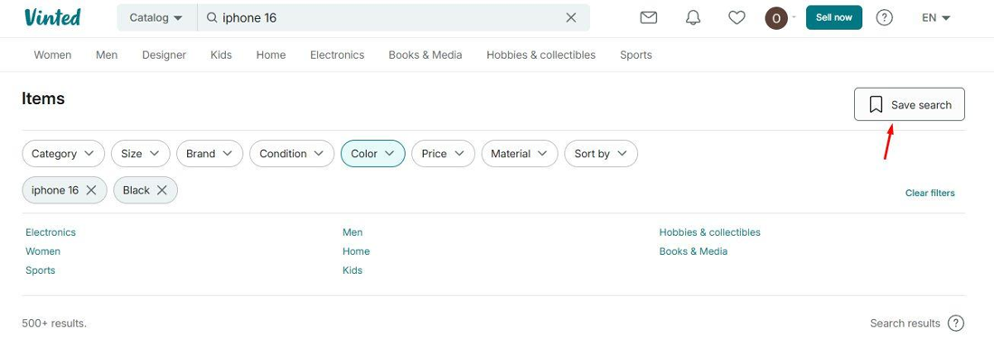 The Save search button at the top right of a Vinted results page