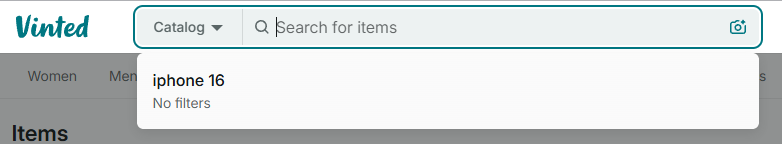 The empty Vinted search box with a saved search for iphone 16 and the camera icon on the right