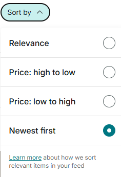 Sort by dropdown opened, showing Relevance, Price low to high, Price high to low, Newest first