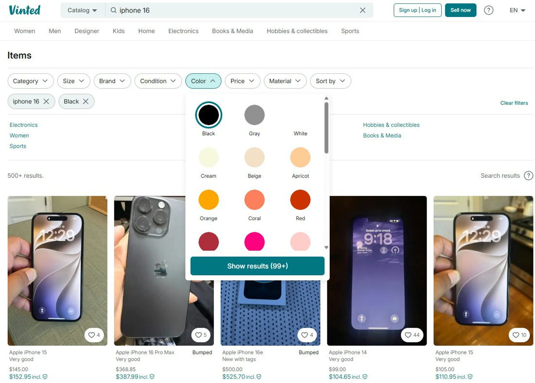 The Vinted results page for iphone 16 with the Color filter open and a Show results (99+) button